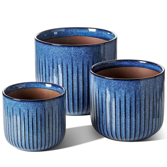 LE TAUCI 3er Set Blumentopf Keramik, 21+17+14 cm Durchmesser Ubertopf für Zimmerpflanzen, Plfanztopf mit Drainagelöchern, Mittelgroßer Zylinder Blumentopf, Reaktive Glasur Ozeanblau