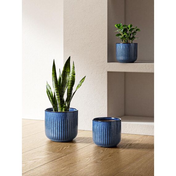LE TAUCI 3er Set Blumentopf Keramik, 21+17+14 cm Durchmesser Ubertopf für Zimmerpflanzen, Plfanztopf mit Drainagelöchern, Mittelgroßer Zylinder Blumentopf, Reaktive Glasur Ozeanblau