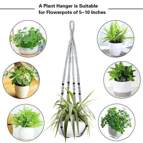 Augshy 2 Packungen Makramee-Hänge-Pflanzgefäß, Indoor-Hänge-Pflanzkorb mit Holzperlen, dekorativer Makramee-Topfhänger für Heimdekoration (grau)