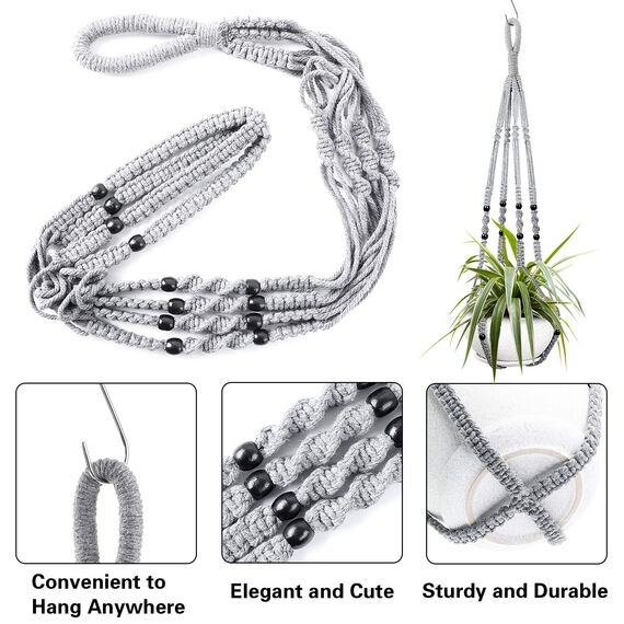 Augshy 2 Packungen Makramee-Hänge-Pflanzgefäß, Indoor-Hänge-Pflanzkorb mit Holzperlen, dekorativer Makramee-Topfhänger für Heimdekoration (grau)
