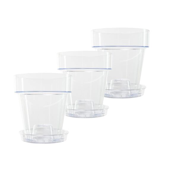 Kalapanta 3 transparente Plastiktöpfe für Orchideen mit Entwässerungslöchern und 3 Untersetzers (3, Ø 16 cm)
