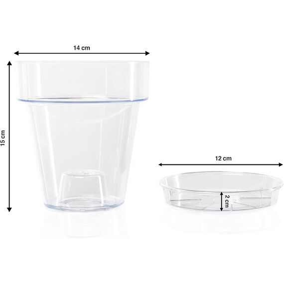 Kalapanta 5 transparente Plastiktöpfe für Orchideen mit Entwässerungslöchern und 5 Untersetzers (5, Ø 14 cm)