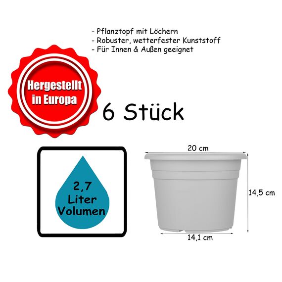 BigDean 6X Blumentopf Ø 20 cm Farbe Anthrazit Kunststoff Pflanztopf Containertopf Übertopf Pflanzkübel rund 20 x 14,5 cm