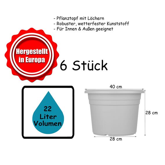 BigDean 6X Blumentopf Ø 40 cm Farbe Anthrazit Kunststoff Pflanztopf Containertopf Übertopf Pflanzkübel rund 40 x 28 cm
