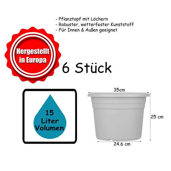 BigDean 6X Blumentopf Ø 35 cm Farbe Anthrazit Kunststoff Pflanztopf Containertopf Übertopf Pflanzkübel rund 35 x 25 cm