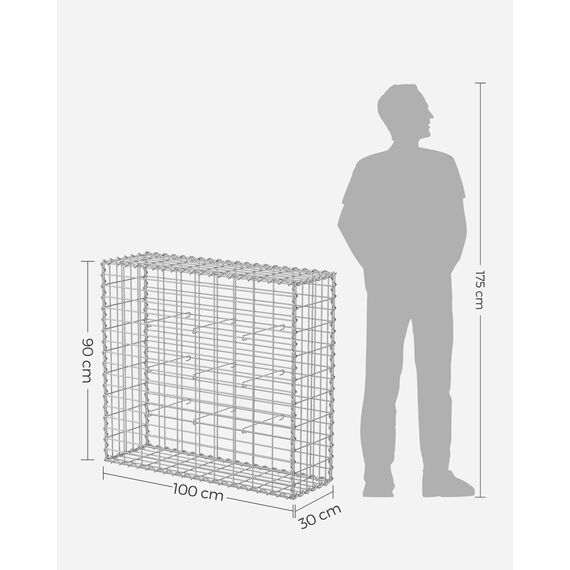 SONGMICS Gabionenkorb, Metall-Steinkorb mit 5 x 10 cm Maschenweite für Mauersteine, verzinkt, Steingabione Mauer,100 x 90 x 30 cm, silber GGB193