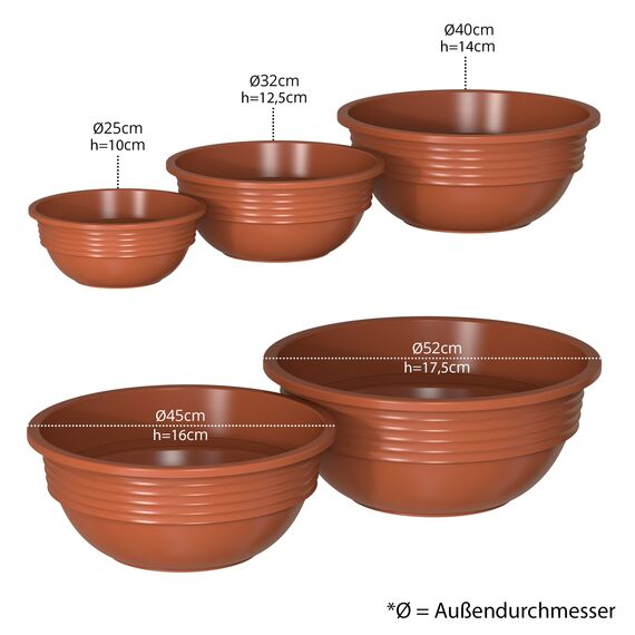 Plastard Blumenschale 32 cm Durchmesser Terrakotta Pflanzschale aus Kunststoff witterungsbeständiger Pflanztopf für Garten Balkon Terrasse runde Pflanzschale großes Pflanzgefäß ohne Löcher