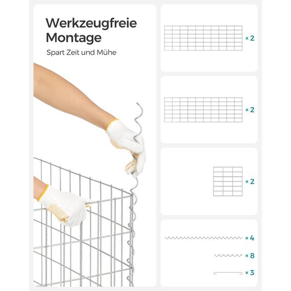 SONGMICS Gabionenkörbe, Drahtkorb mit 5 x 10 cm Maschenweite für Steine, verzinkt, Gartendekoration Distanzhalter, 100 x 30 x 30 cm, 10er Set, silber GGB033V1