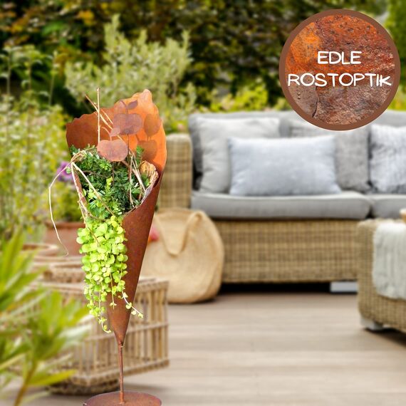 Rostikal Edelrost Pflanztüte 69 cm – Metall Gartendeko auf Bodenplatte – Rost Pflanzgefäß für Garten, Terrasse, Balkon & Außenbereich als dekorative Bodenvase