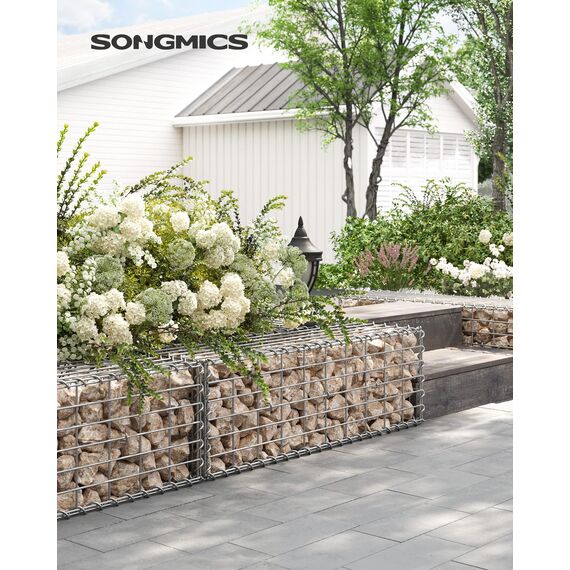 SONGMICS Gabionenkörbe, Drahtkorb mit 5 x 10 cm Maschenweite für Steine, verzinkt, Gartendekoration Distanzhalter, 100 x 30 x 30 cm, 4er Set, silber GGB433V1
