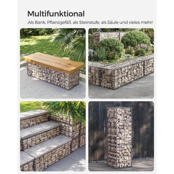 SONGMICS Gabionenkörbe, Drahtkorb mit 5 x 10 cm Maschenweite für Steine, verzinkt, Gartendekoration Distanzhalter, 100 x 30 x 30 cm, 10er Set, silber GGB033V1