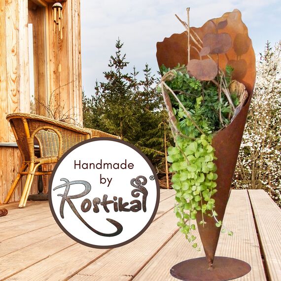 Rostikal Edelrost Pflanztüte 40 cm – wetterfestes Metall Gartendeko zum beflanzen für Garten, Balkon & Außenbereich – Rost Pflanzgefäß auf Bodenplatte