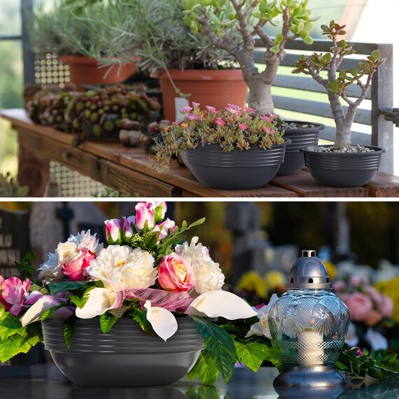 Plastard Blumenschale 32 cm Durchmesser Anthrazit Pflanzschale aus Kunststoff witterungsbeständiger Pflanztopf für Garten Balkon Terrasse runde Pflanzschale großes Pflanzgefäß ohne Löcher