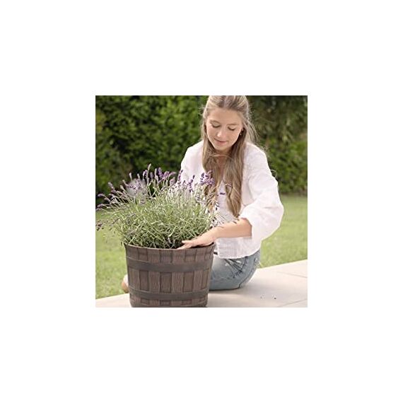 Jinfa 6er-Set Miniteich Pflanzkübel aus Kunststoff in Weinfassoptik bottich Blumenkübel | Farbe: Kastanie | Design: Barrique | Ø 36 cm