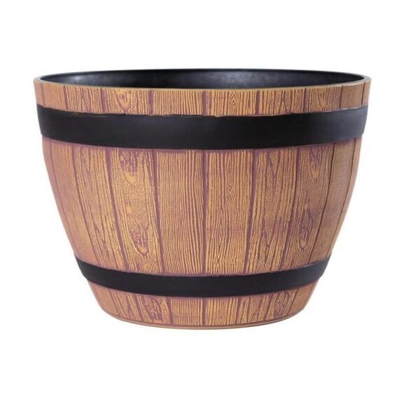 Jinfa Blumenkübel in Holzfass-Optik – Rustikales Pflanzgefäß – Kunststoff, Ø 38 cm, Wetterfest