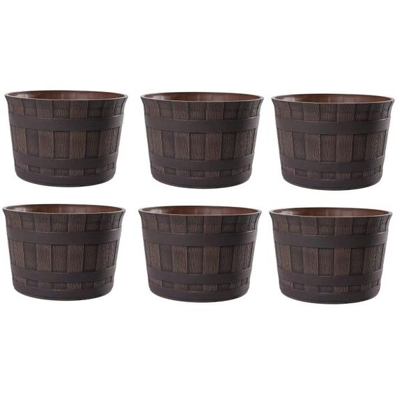 Jinfa 6er-Set Miniteich Pflanzkübel aus Kunststoff in Weinfassoptik bottich Blumenkübel | Farbe: Kastanie | Design: Barrique | Ø 36 cm