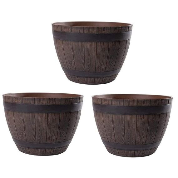 Jinfa 3er-Set Pflanzkübel aus Kunststoff in Weinfass Optik Dunkelbraun bottich Miniteich | Farbe: Kastanie | Design: Weinfass | Ø 38 cm