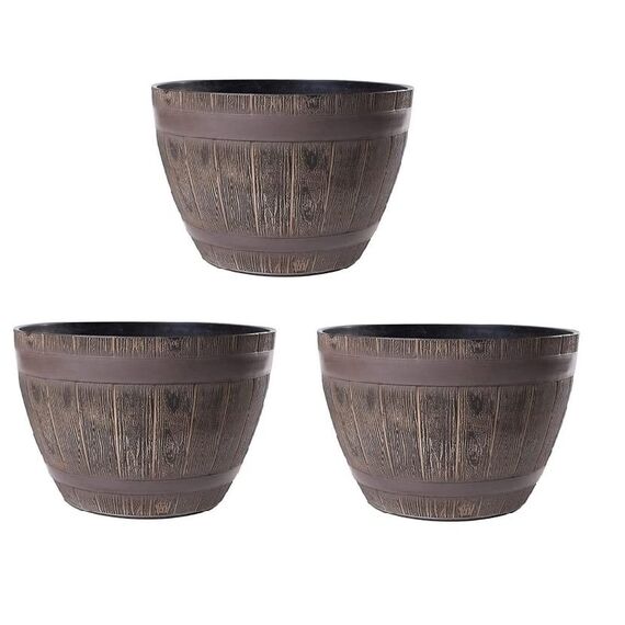 Jinfa 3er-Set Pflanzkübel aus Kunststoff in Weinfass Holzoptik bottich Miniteich | Farbe: Eiche | Design: Weinfass | Ø 38 cm