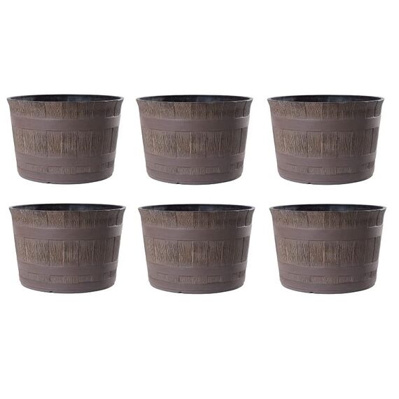 Jinfa 6er-Set Miniteich Pflanzkübel aus Kunststoff in Weinfassoptik bottich Blumenkübel | Farbe: Eiche | Design: Barrique | Ø 36 cm