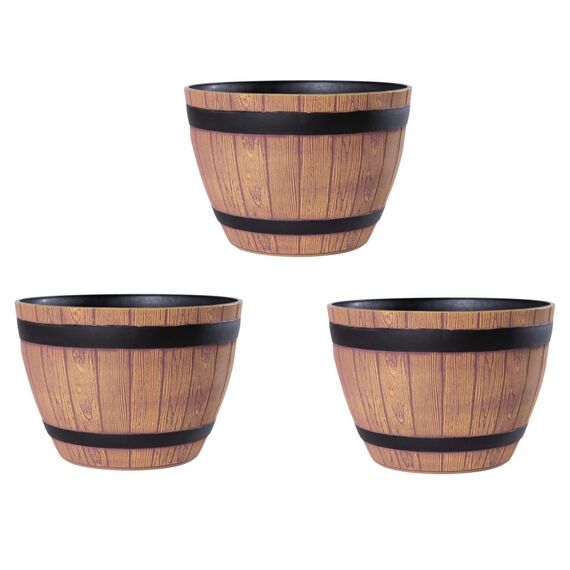 Jinfa 3er-Set Pflanzkübel aus Kunststoff in Weinfassoptik bottich Blumenkübel | Farbe: Walnuss | Design: Weinfass | Ø 38 cm