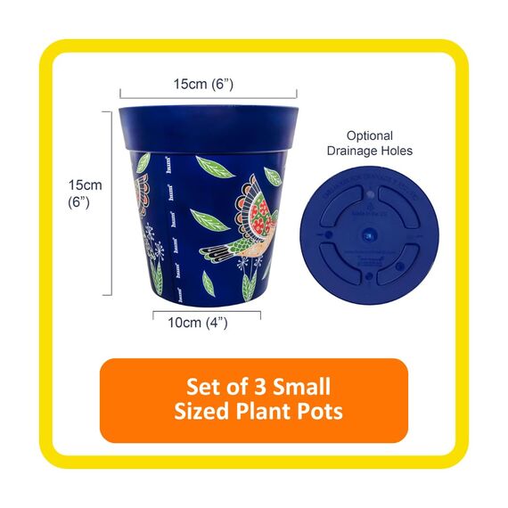 Hum Flowerpots, 15cm, 3er-Set, in Verschiedenen Farben und Mustern, Blumentöpfe aus Kunststoff für Drinnen und Draußen, Blaue Kolibris
