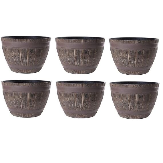 Jinfa 6er-Set Pflanzkübel aus Kunststoff in Weinfass Holzoptik bottich Miniteich | Farbe: Eiche | Design: Weinfass | Ø 38 cm