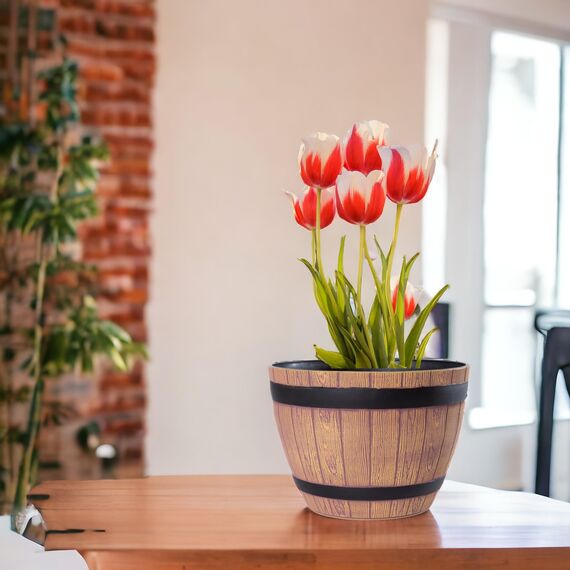 Jinfa Blumenkübel in Holzfass-Optik – Rustikales Pflanzgefäß – Kunststoff, Ø 38 cm, Wetterfest