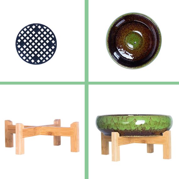 ARTKETTY Große runde saftige Pflanzgefäß mit Ständer, Vintage Keramik glasierte Bonsai Topf mit Mess Drainage Bildschirm, dekorative Garten Moderne Kaktusblume Pflanzgefäß Behälter Schüssel (Green)