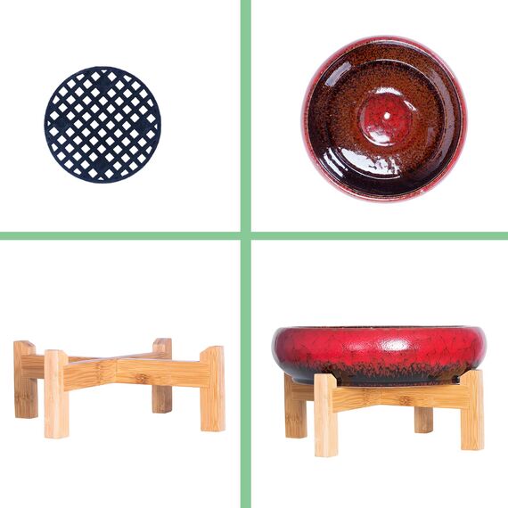 ARTKETTY Große runde saftige Pflanzgefäß mit Ständer, Vintage Keramik glasierte Bonsai Topf mit Mess Drainage Bildschirm, dekorative Garten Moderne Kaktusblume Pflanzgefäß Behälter Schüssel (Red)