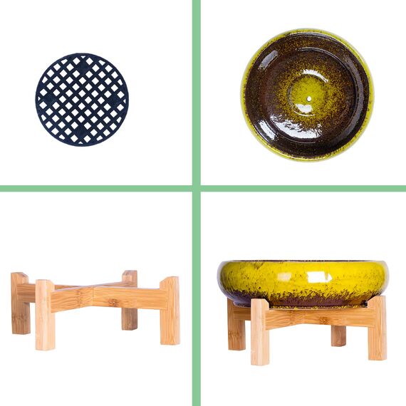 ARTKETTY Große runde saftige Pflanzgefäß mit Ständer, Vintage Keramik glasierte Bonsai Topf mit Mess Drainage Bildschirm, dekorative Garten Moderne Kaktusblume Pflanzgefäß Behälter Schüssel (Yellow)