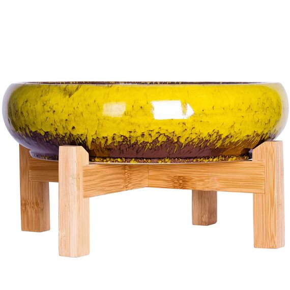 ARTKETTY Große runde saftige Pflanzgefäß mit Ständer, Vintage Keramik glasierte Bonsai Topf mit Mess Drainage Bildschirm, dekorative Garten Moderne Kaktusblume Pflanzgefäß Behälter Schüssel (Yellow)