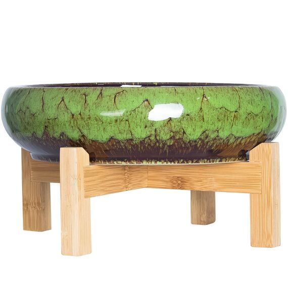 ARTKETTY Große runde saftige Pflanzgefäß mit Ständer, Vintage Keramik glasierte Bonsai Topf mit Mess Drainage Bildschirm, dekorative Garten Moderne Kaktusblume Pflanzgefäß Behälter Schüssel (Green)