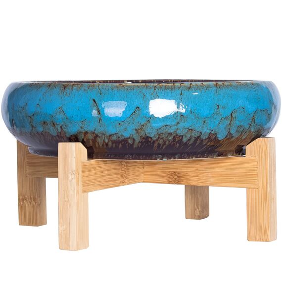 ARTKETTY Große runde saftige Pflanzgefäß mit Ständer, Vintage Keramik glasierte Bonsai Topf mit Mess Drainage Bildschirm, dekorative Garten Moderne Kaktusblume Pflanzgefäß Behälter Schüssel (Blue)