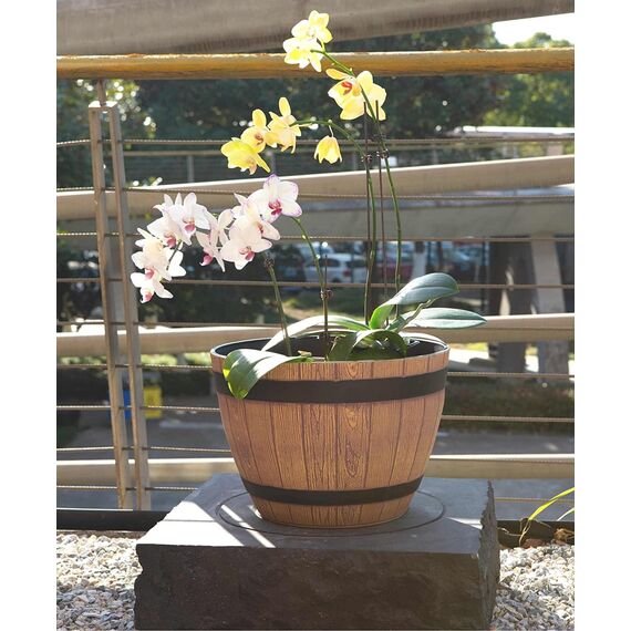 Jinfa 3er-Set Pflanzkübel aus Kunststoff in Weinfassoptik bottich Blumenkübel | Farbe: Walnuss | Design: Weinfass | Ø 38 cm