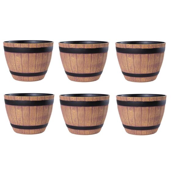 Jinfa 6er-Set Pflanzkübel aus Kunststoff in Weinfassoptik bottich Blumenkübel | Farbe: Walnuss | Design: Weinfass | Ø 38 cm