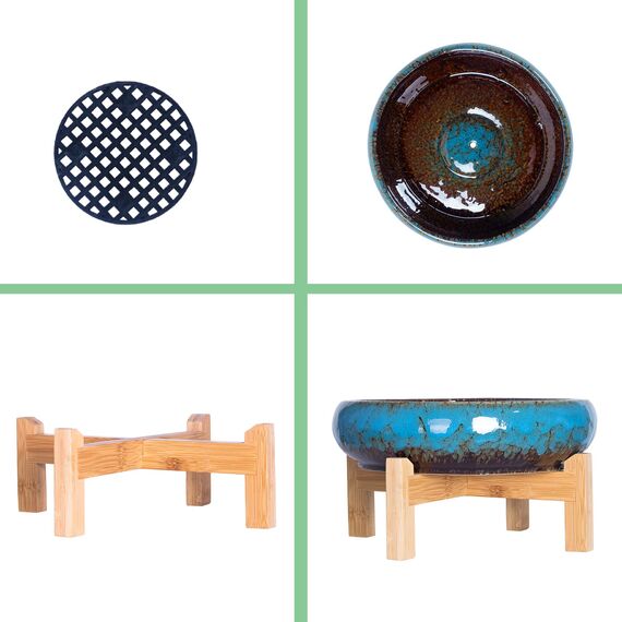 ARTKETTY Große runde saftige Pflanzgefäß mit Ständer, Vintage Keramik glasierte Bonsai Topf mit Mess Drainage Bildschirm, dekorative Garten Moderne Kaktusblume Pflanzgefäß Behälter Schüssel (Blue)