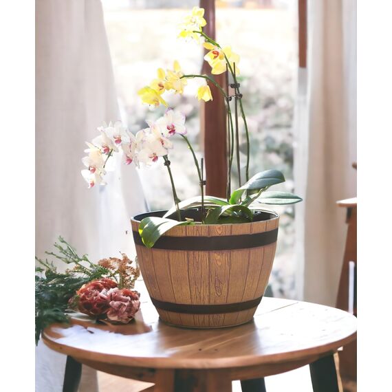 Jinfa Blumenkübel in Holzfass-Optik – Rustikales Pflanzgefäß – Kunststoff, Ø 38 cm, Wetterfest