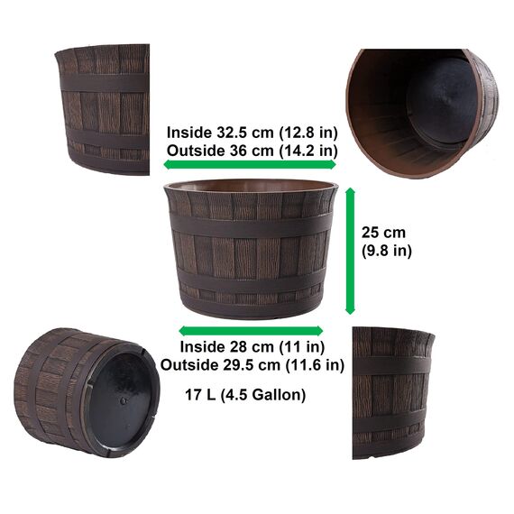 Jinfa 3er-Set Miniteich Pflanzkübel aus Kunststoff in Weinfassoptik bottich Blumenkübel | Farbe: Kastanie | Design: Barrique | Ø 36 cm