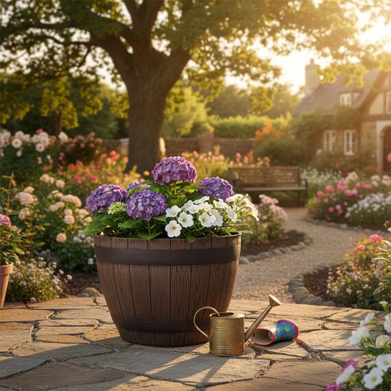 Jinfa Weinfass Pflanzkübel – Holzfass-Optik für Garten – Kunststoff Ø 38 cm Kastanie