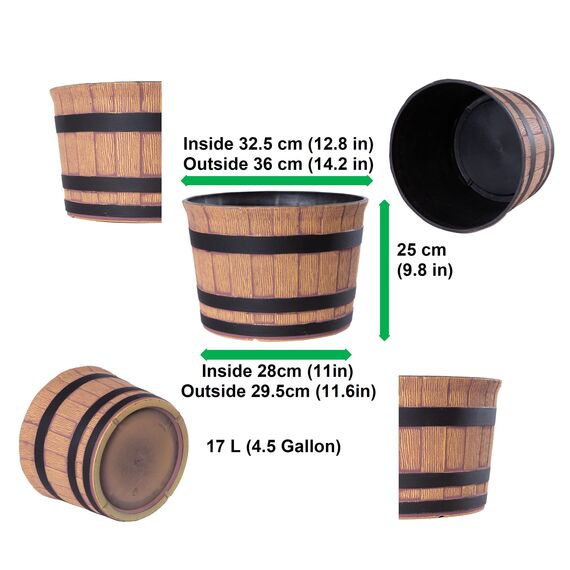 Jinfa Pflanzkübel Kunststoff Holzoptik | Farbe Walnuss | Design Barrique Ø 36 cm | Blumenkübel Übertopf Garten, Balkon & Terrasse | Wetterfest & Dekorativ