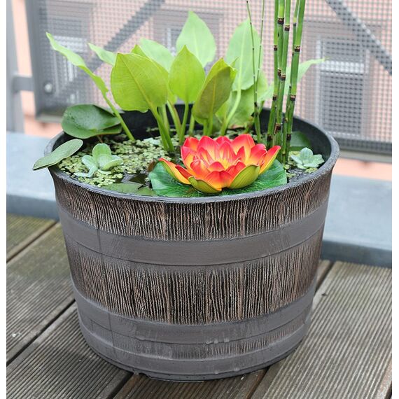 Jinfa 6er-Set Miniteich Pflanzkübel aus Kunststoff in Weinfassoptik bottich Blumenkübel | Farbe: Eiche | Design: Barrique | Ø 36 cm