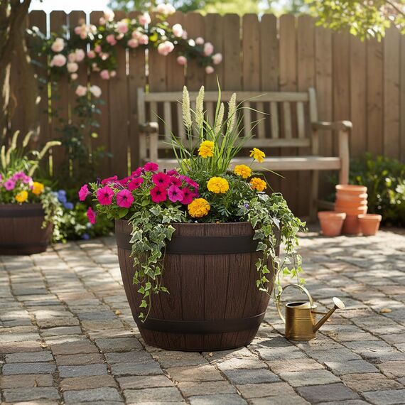 Jinfa Weinfass Pflanzkübel – Holzfass-Optik für Garten – Kunststoff Ø 38 cm Kastanie