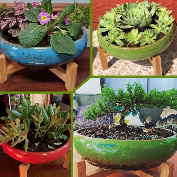 ARTKETTY Große runde saftige Pflanzgefäß mit Ständer, Vintage Keramik glasierte Bonsai Topf mit Mess Drainage Bildschirm, dekorative Garten Moderne Kaktusblume Pflanzgefäß Behälter Schüssel (Yellow)