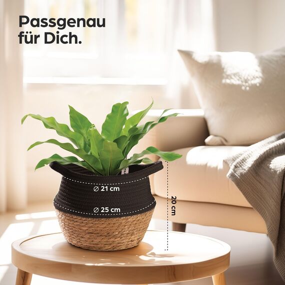 Praknu Deko Blumentopf Übertopf - Seegras Geflochten mit Baumwolle Ø 20cm - Pflanzkorb Boho Schwarz