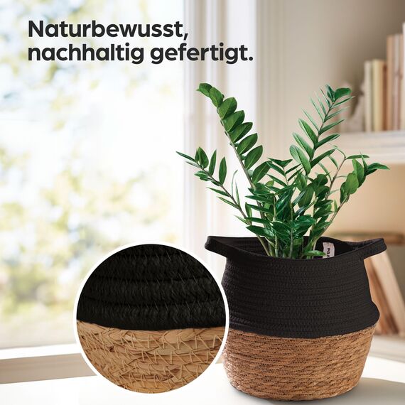 Praknu Deko Blumentopf Übertopf - Seegras Geflochten mit Baumwolle Ø 23cm - Pflanzkorb Boho Schwarz
