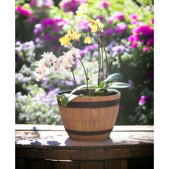 Jinfa Blumenkübel in Holzfass-Optik – Rustikales Pflanzgefäß – Kunststoff, Ø 38 cm, Wetterfest