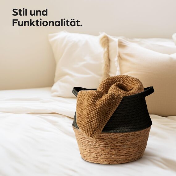 Praknu Deko Blumentopf Übertopf - Seegras Geflochten mit Baumwolle Ø 23cm - Pflanzkorb Boho Schwarz