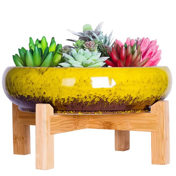 ARTKETTY Große runde saftige Pflanzgefäß mit Ständer, Vintage Keramik glasierte Bonsai Topf mit Mess Drainage Bildschirm, dekorative Garten Moderne Kaktusblume Pflanzgefäß Behälter Schüssel (Yellow)