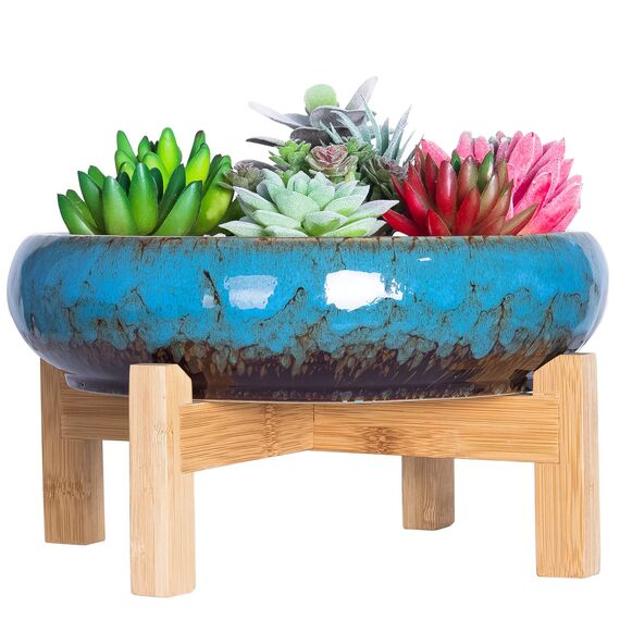 ARTKETTY Große runde saftige Pflanzgefäß mit Ständer, Vintage Keramik glasierte Bonsai Topf mit Mess Drainage Bildschirm, dekorative Garten Moderne Kaktusblume Pflanzgefäß Behälter Schüssel (Blue)