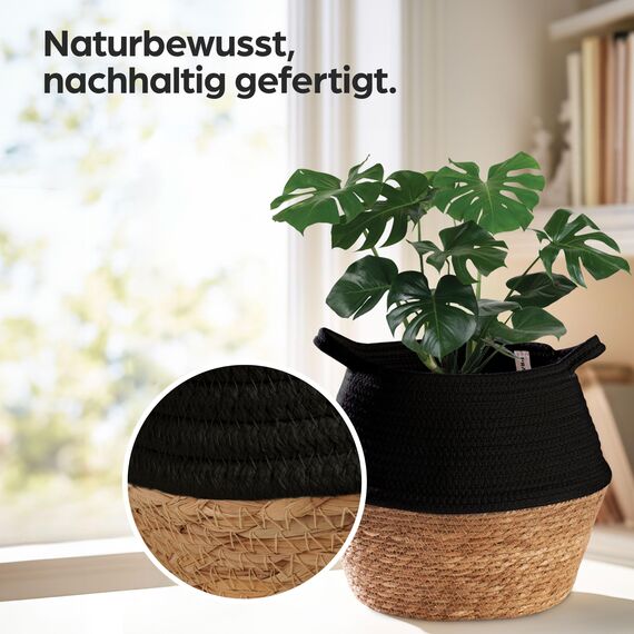 Praknu Deko Blumentopf Übertopf - Seegras Geflochten mit Baumwolle 25cm - Pflanzkorb Boho Schwarz